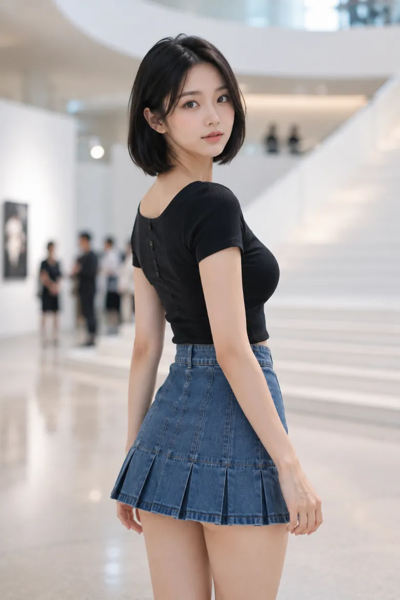 実写AI美女版｜黒の半袖リブトップスにブルーデニムのプリーツミニスカートと白ソックス、白スニーカーを合わせた韓国風オルチャンファッション