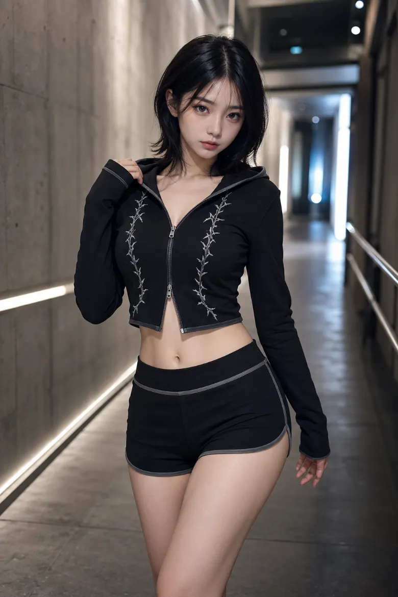 実写AI美女版｜黒の短丈フードジャケットに黒のランニングショーツとバックル付き厚底ロングブーツを合わせた韓国風オルチャンファッション