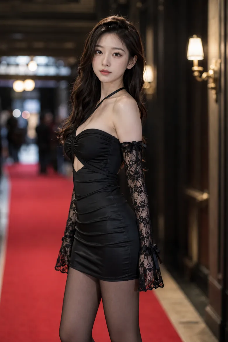 実写AI美女版｜黒サテンのベアトップ型タイトミニワンピースに花柄レースの長袖と黒シアータイツを合わせた韓国風オルチャンファッション