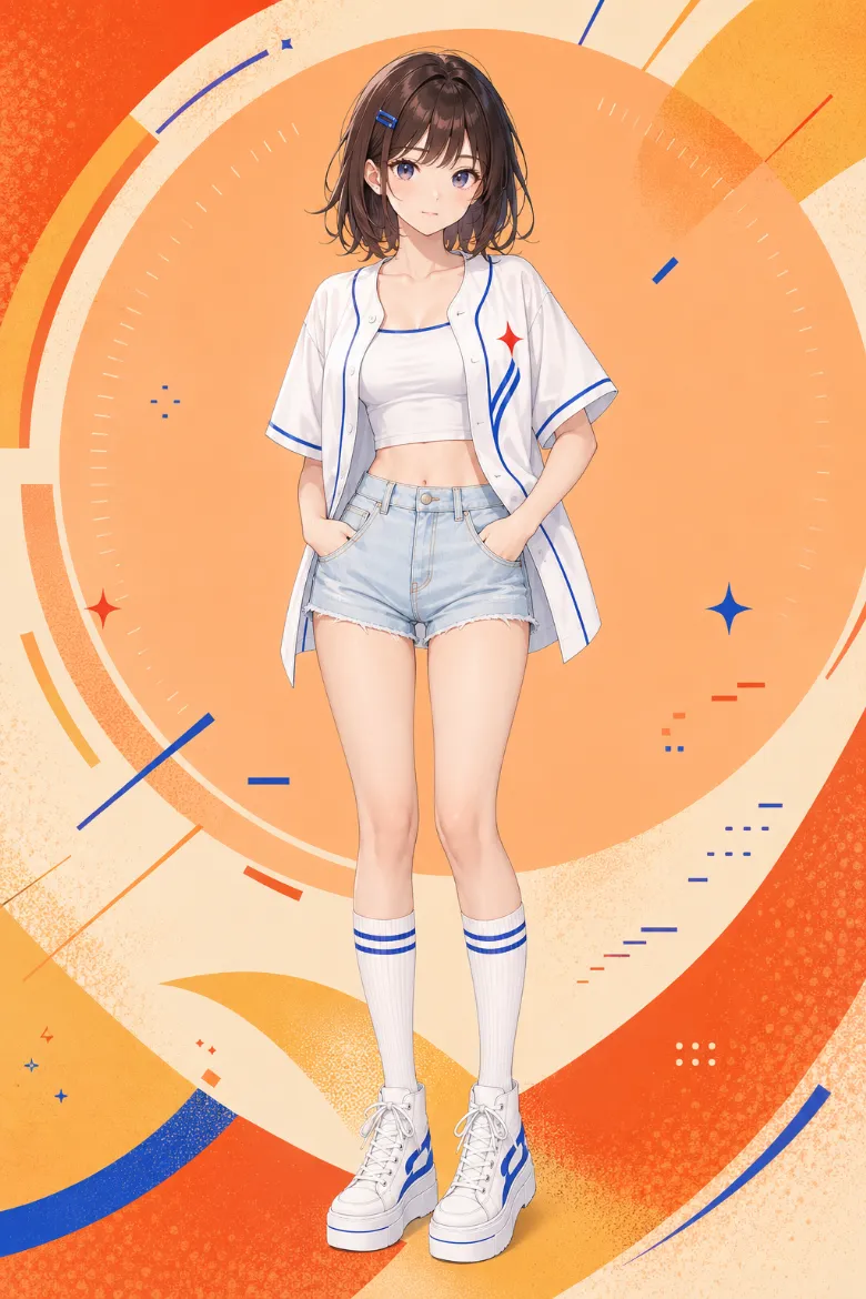 AIイラスト版｜白のオーバーサイズベースボールシャツと短丈タンクトップに、デニムショートパンツとライン入りハイソックスを合わせた韓国風オルチャンファッション