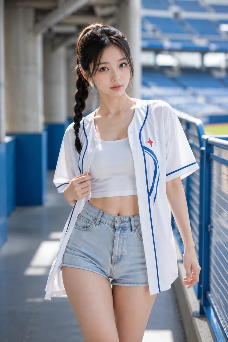 実写AI美女版｜白のオーバーサイズベースボールシャツと短丈タンクトップに、デニムショートパンツとライン入りハイソックスを合わせた韓国風オルチャンファッション
