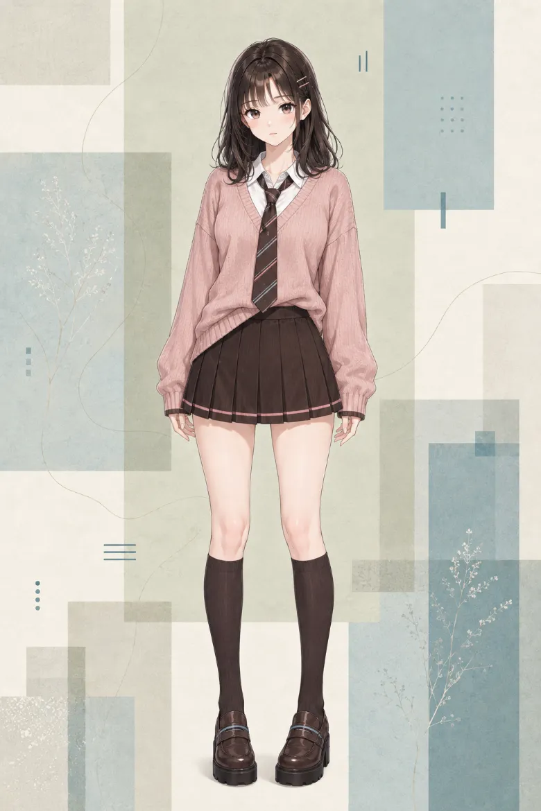 AIイラスト版｜くすみピンクのVネックニットに白シャツとストライプネクタイを重ね、ブラウンのプリーツミニスカートを合わせた韓国風オルチャンファッション