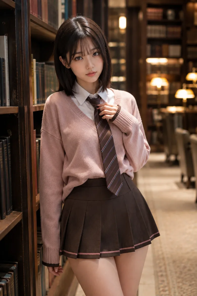 実写AI美女版｜くすみピンクのVネックニットに白シャツとストライプネクタイを重ね、ブラウンのプリーツミニスカートを合わせた韓国風オルチャンファッション