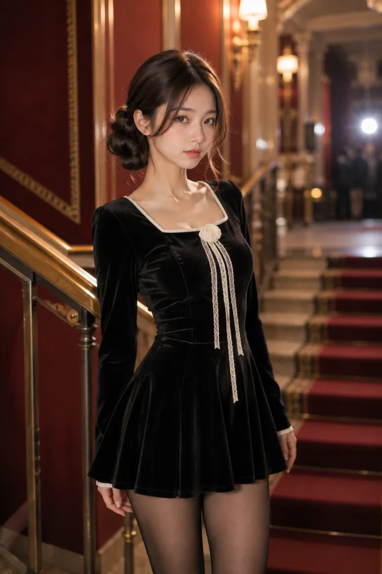実写AI美女版｜黒ベルベットの長袖フレアミニワンピースに黒シアータイツとポインテッドトゥのロングブーツを合わせた韓国風オルチャンファッション