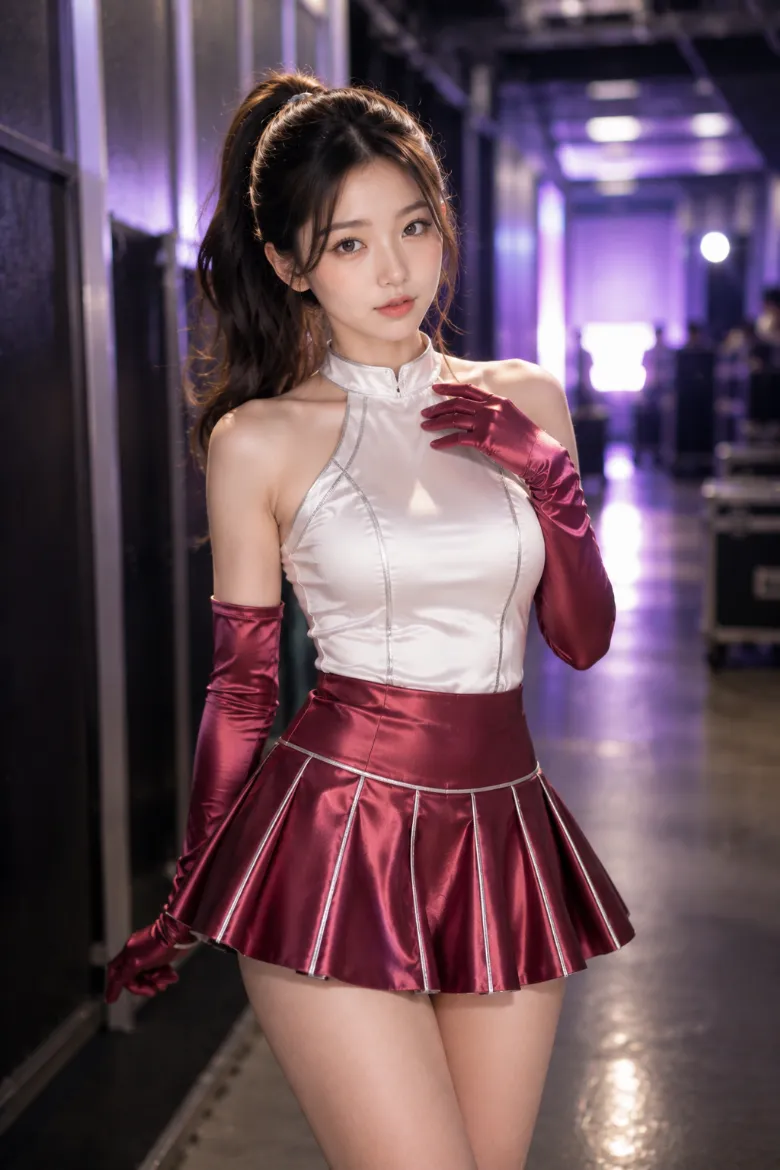 実写AI美女版｜パールホワイトのホルタートップにラズベリー色のサテンミニスカートとロンググローブ、黒の厚底ブーツを合わせた韓国風オルチャンファッション