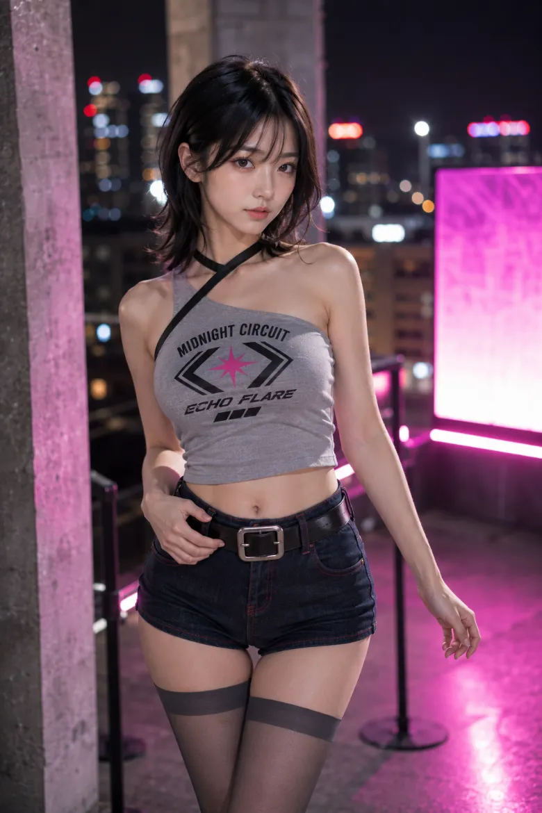 実写AI美女版｜グレーのアシンメトリーなワンショルダートップスにダークデニムショートパンツとスモーキーグレーのニーハイを合わせた韓国風オルチャンファッション