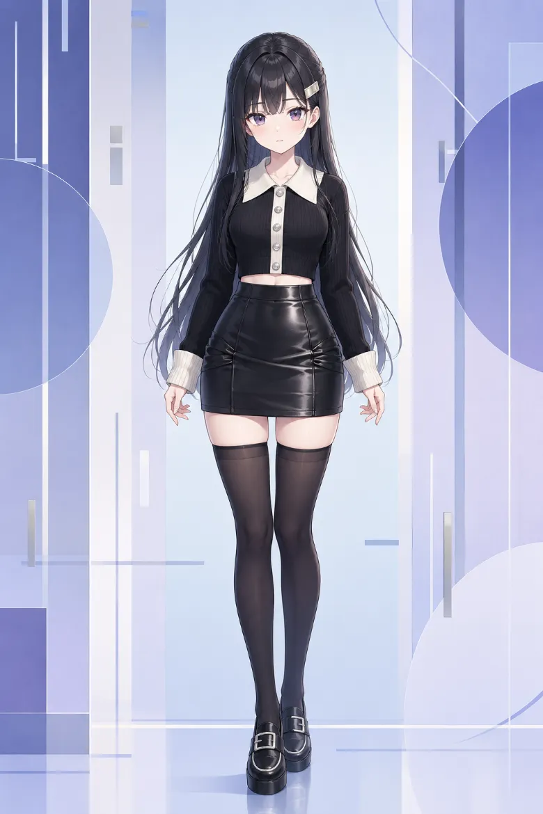 AIイラスト版｜黒の短丈リブカーディガンに光沢のある黒の合皮ミニスカート、黒のオーバーニーソックスを合わせた韓国風オルチャンファッション