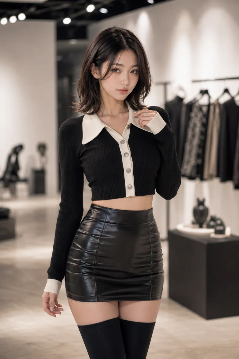 実写AI美女版｜黒の短丈リブカーディガンに光沢のある黒の合皮ミニスカート、黒のオーバーニーソックスを合わせた韓国風オルチャンファッション