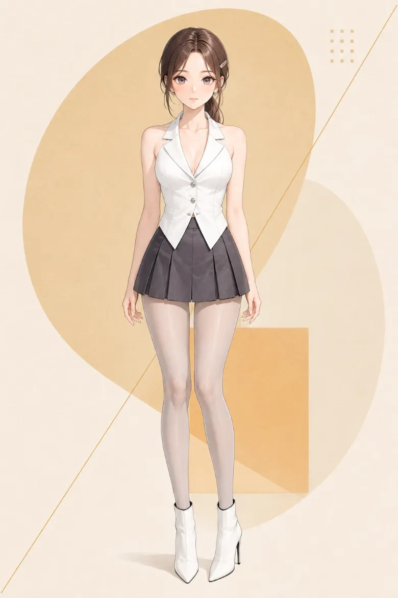 AIイラスト版｜白のノースリーブテーラードベストにチャコールグレーのプリーツミニスコートと淡いグレーのシアータイツを合わせた韓国風オルチャンファッション