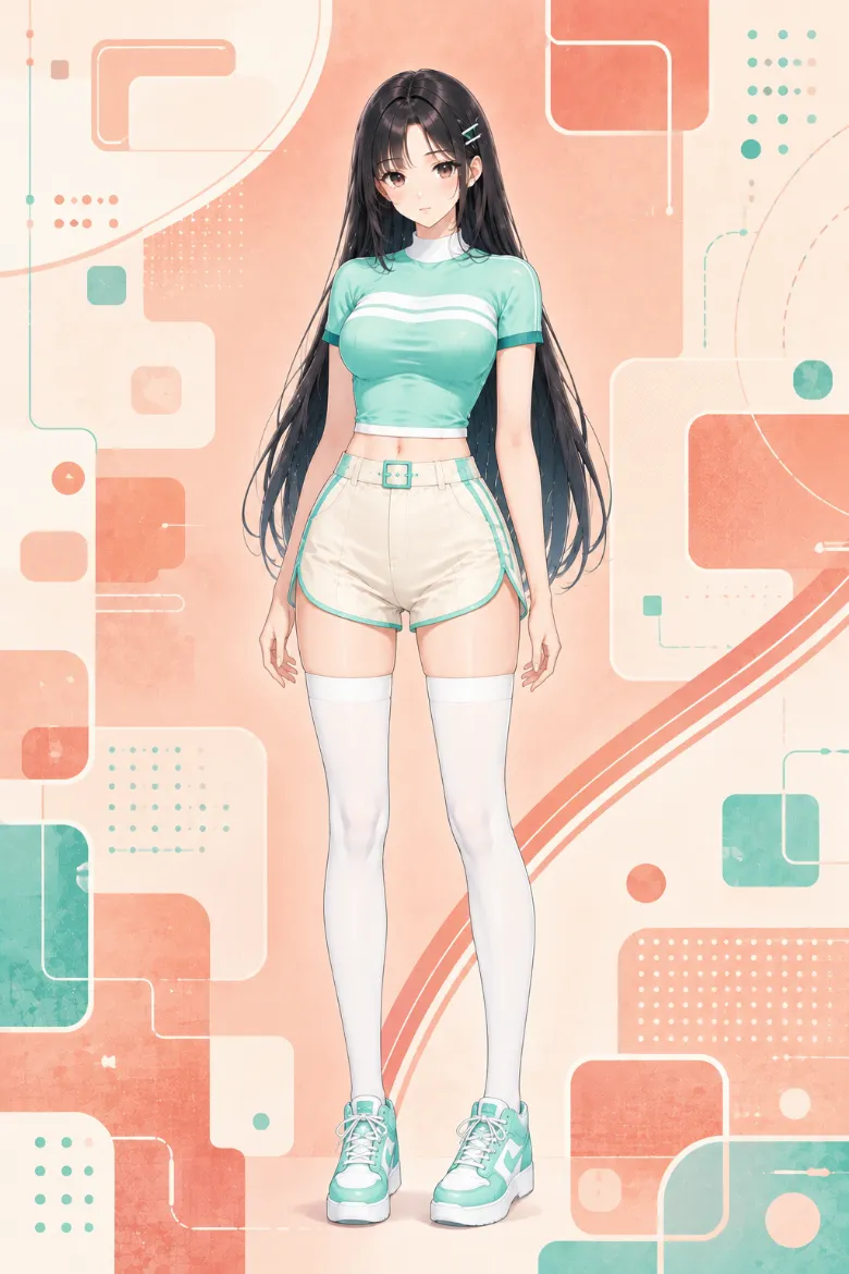 AIイラスト版｜ミント色の半袖スポーツトップスにアイボリーのランニングショーツと白のオーバーニーソックスを合わせた韓国風オルチャンファッション