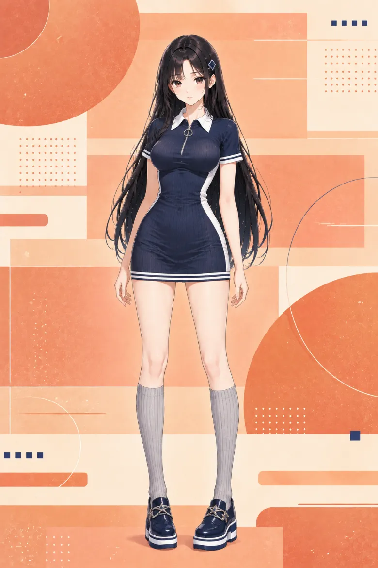 AIイラスト版｜ネイビーの半袖ポロ型リブミニワンピースにグレーのハイソックスと厚底ローファーを合わせた韓国風オルチャンファッション
