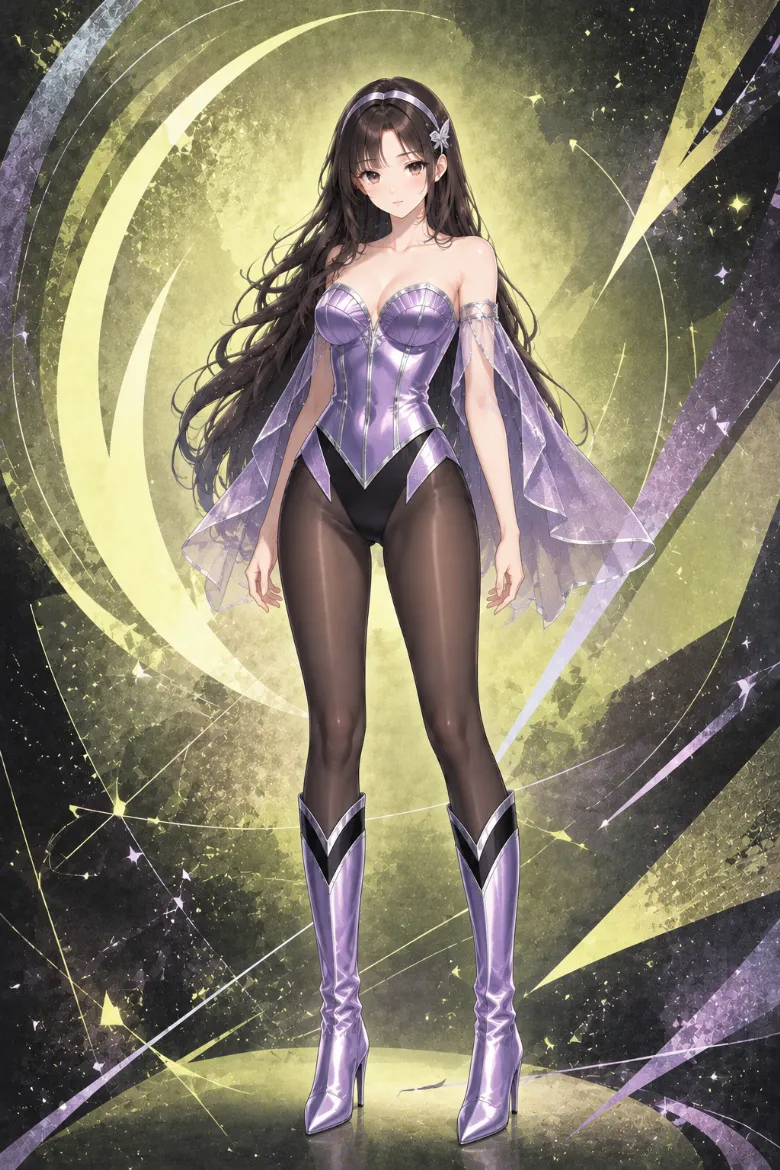 AIイラスト版｜メタリックライラックのストラップレスボディスーツに透け感のあるケープ、黒シアータイツとロングブーツを合わせた韓国風ステージファッション