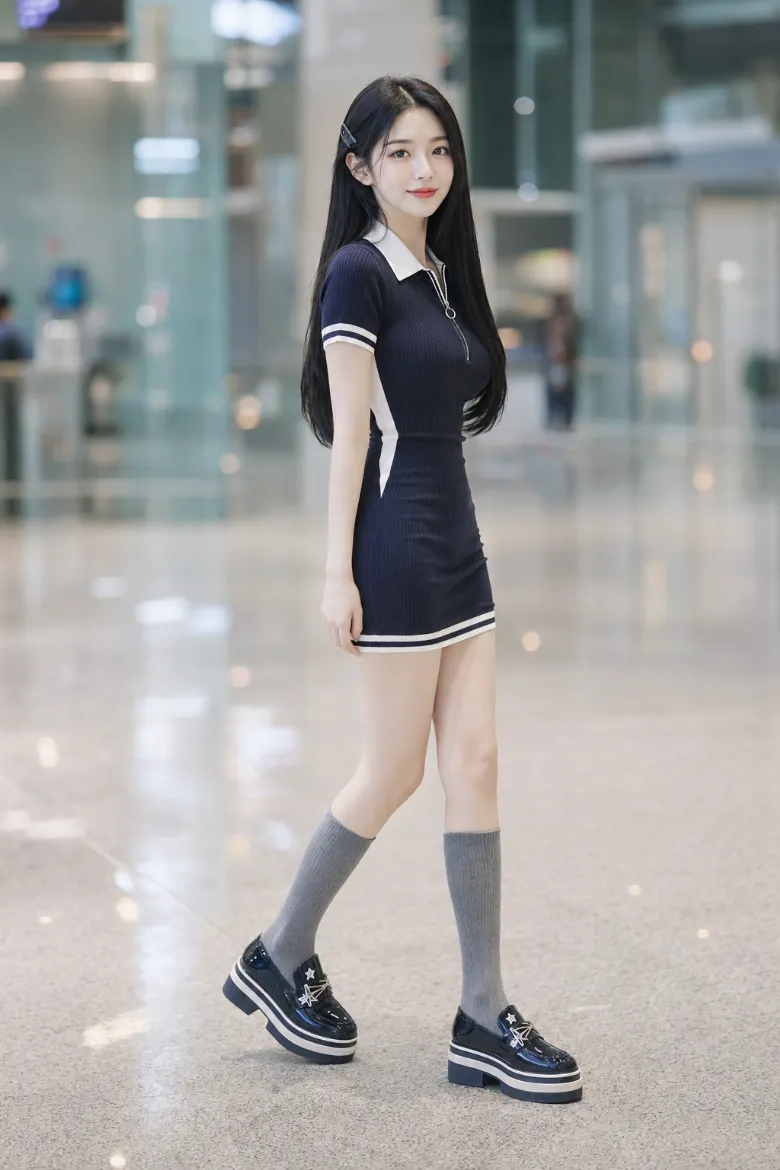 ブルーブラックのロングヘアでネイビーのポロミニワンピースを着て、空港の到着ロビーを歩く韓国美女のAI生成作例