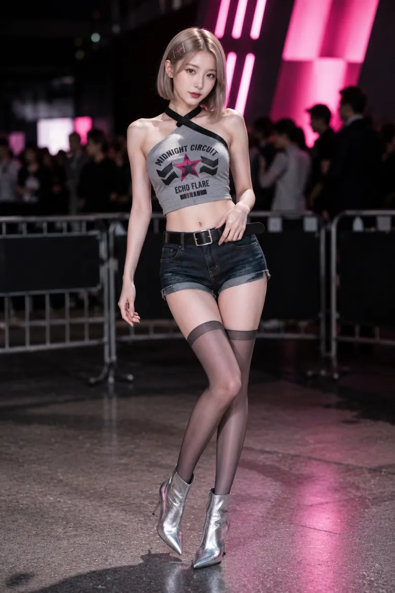 アッシュブロンドの内巻きボブにグレーのワンショルダートップとデニムショートパンツを合わせた、夜のファッションイベント会場の韓国美女のAI生成作例