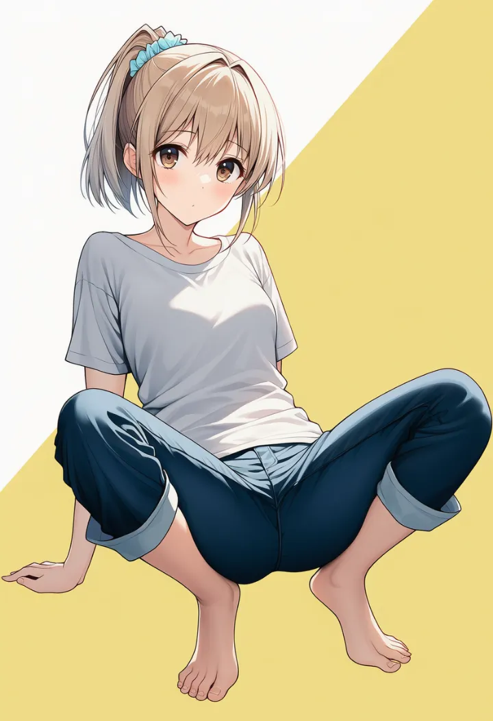後ろに反って腕で支えるしゃがみポーズのAIイラスト