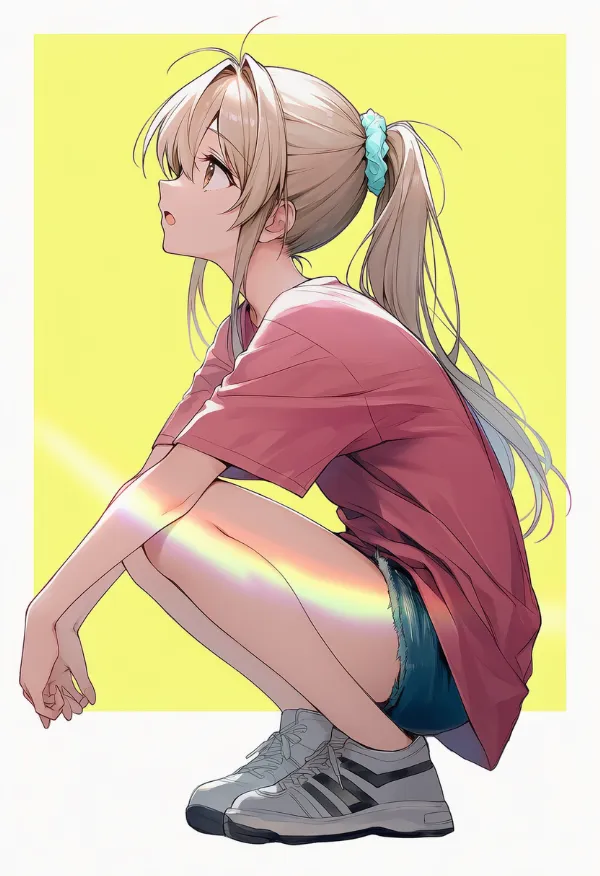 脚を深く折り畳んでしゃがむポーズのAIイラスト