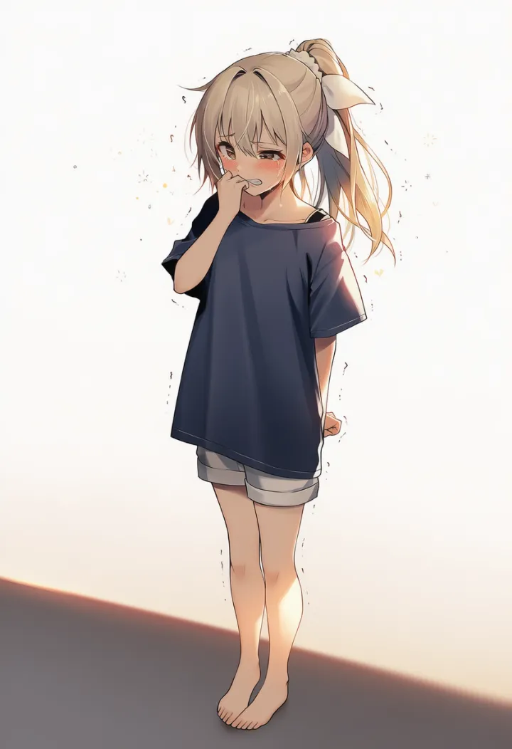 両脚を揃えて力むポーズのAIイラスト