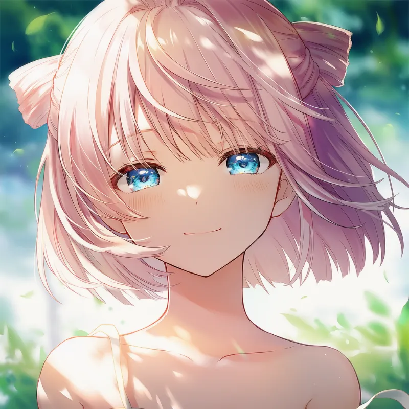木漏れ日の中で目を細めて優しく微笑むAIイラスト