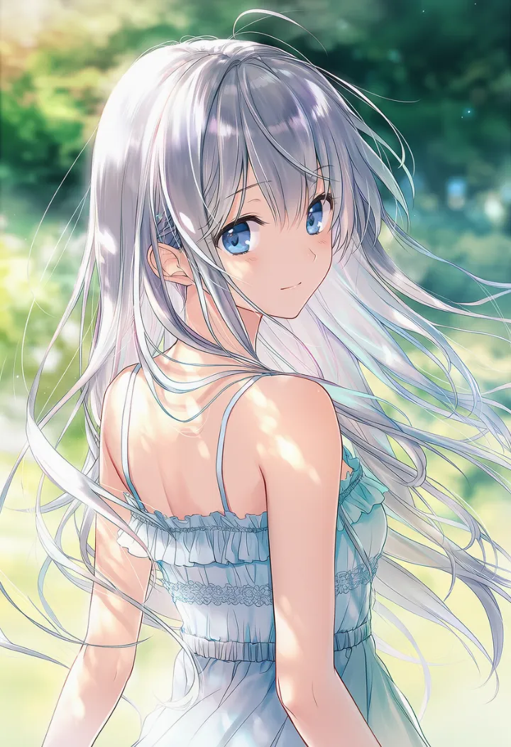 サンドレス姿で肩越しに振り返る銀髪の女性のAIイラスト