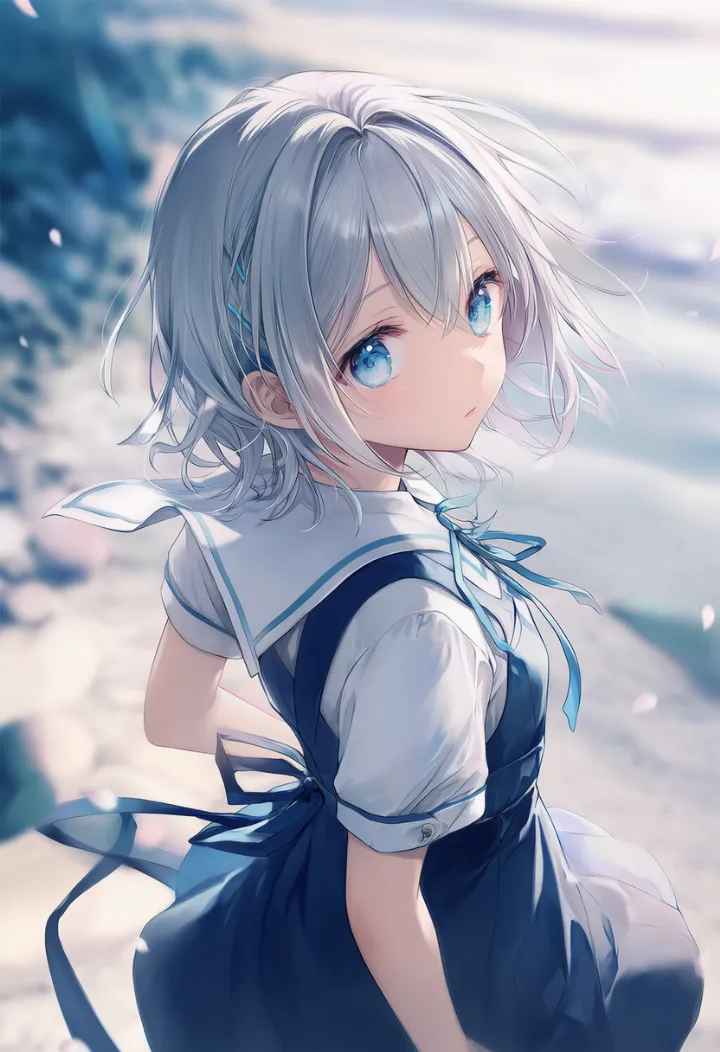 上からのアングルで肩越しに振り返る女性のAIイラスト