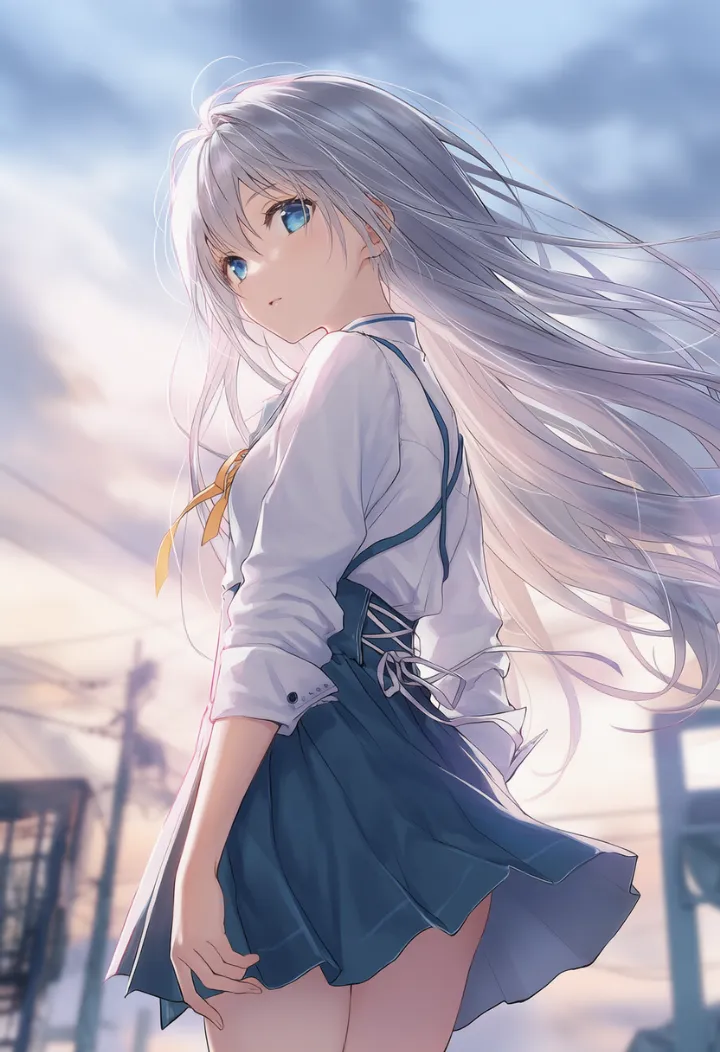 下からのアングルで肩越しに振り返る女性のAIイラスト