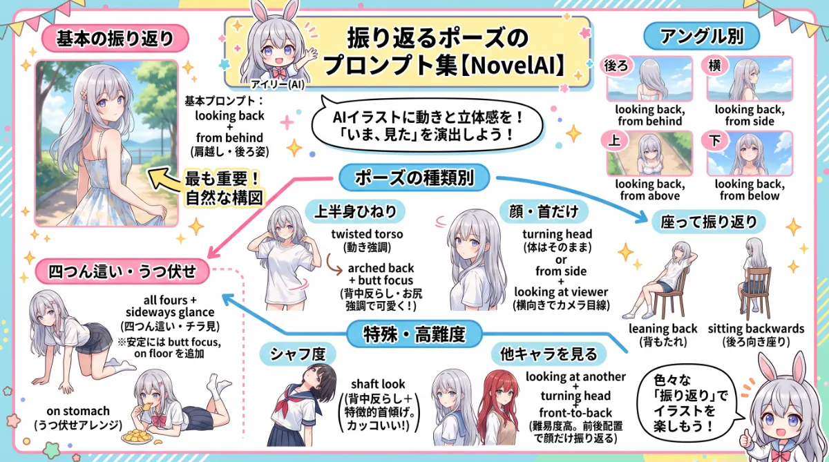 振り返る・後ろを振り向くポーズのプロンプト集【NovelAI】のまとめ用の図解イラスト（グラレコ）