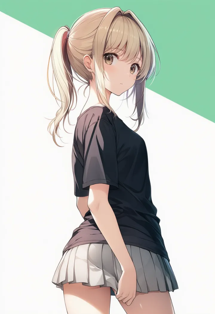 オーバーサイズTシャツとプリーツミニスカート姿で、上半身をひねって振り返る女性のAIイラスト