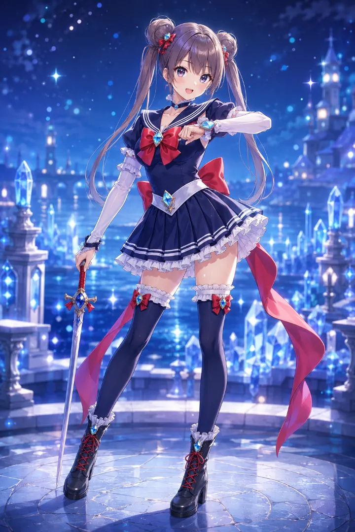 ネイビー×セーラー風の魔法少女コーデのAIイラスト版