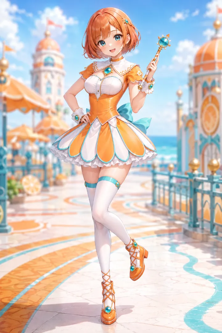 オレンジ×ペタルスカートの魔法少女コーデのAIイラスト版