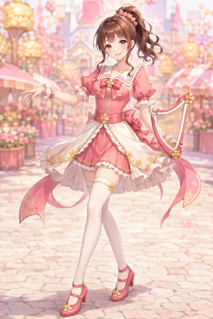 コーラルピンク×フリルの魔法少女コーデのAIイラスト版