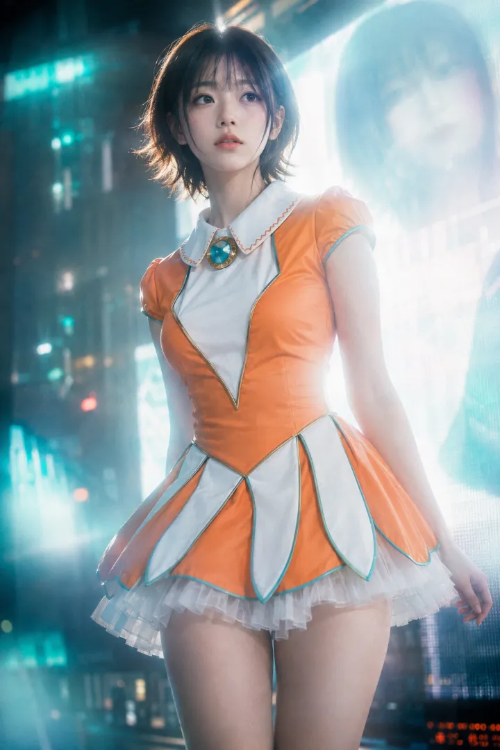 オレンジ×ペタルスカートの魔法少女コーデの実写AI美女版