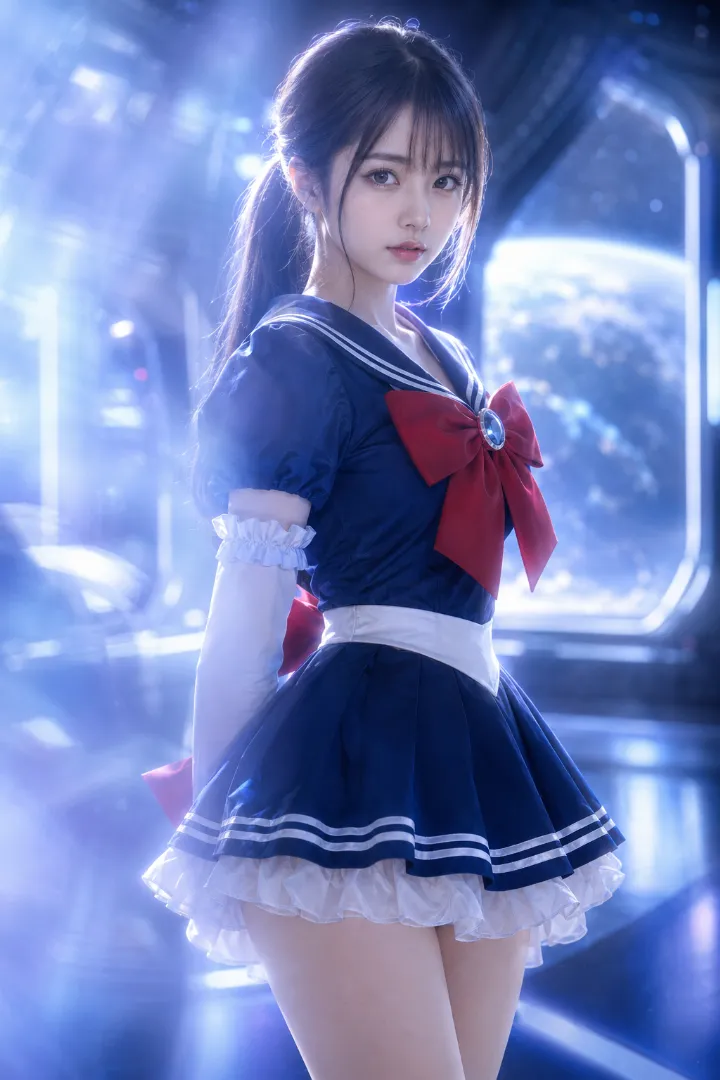 ネイビー×セーラー風の魔法少女コーデの実写AI美女版