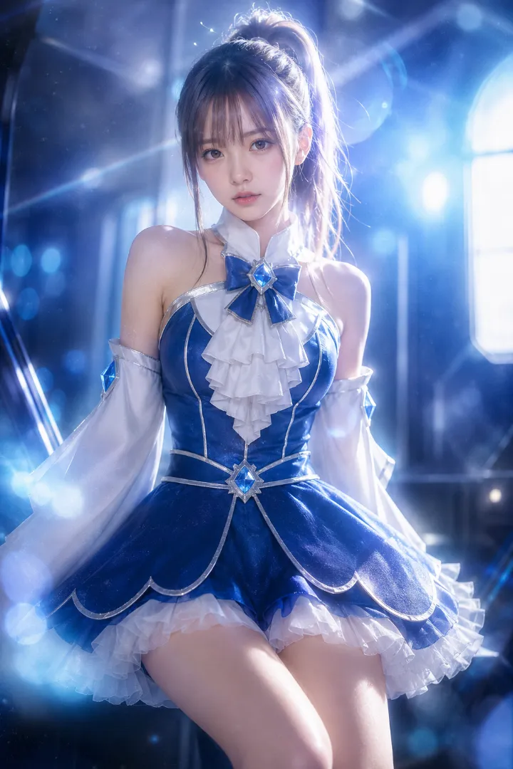 ブルー×スカラップスカートの魔法少女コーデの実写AI美女版