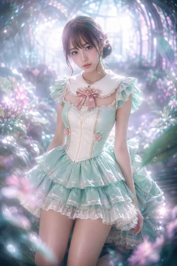 ミントグリーン×フリルの魔法少女コーデの実写AI美女版