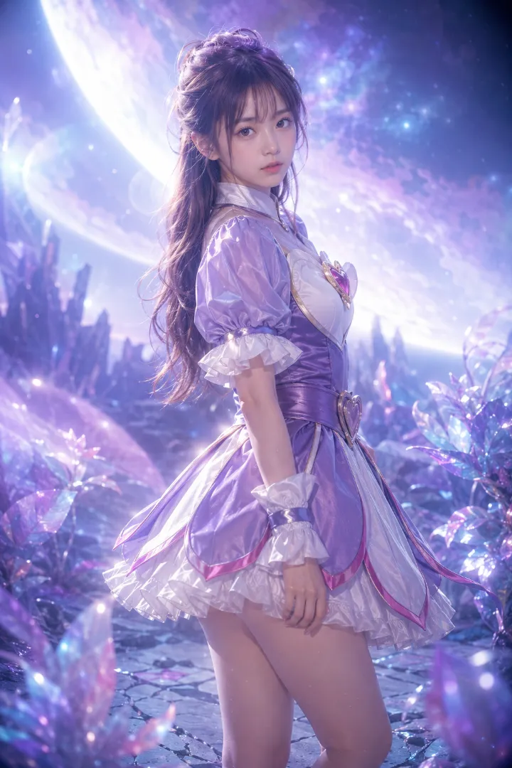 パープル×ペタルスカートの魔法少女コーデの実写AI美女版