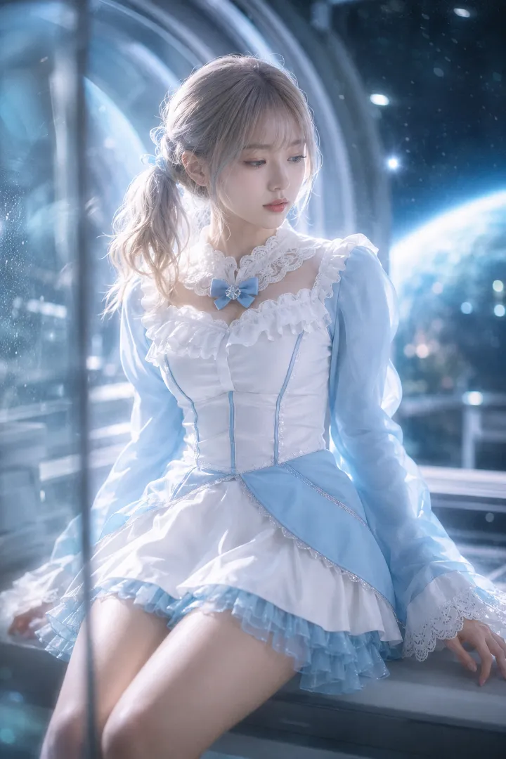 ホワイト×ブルーの魔法少女コーデの実写AI美女版