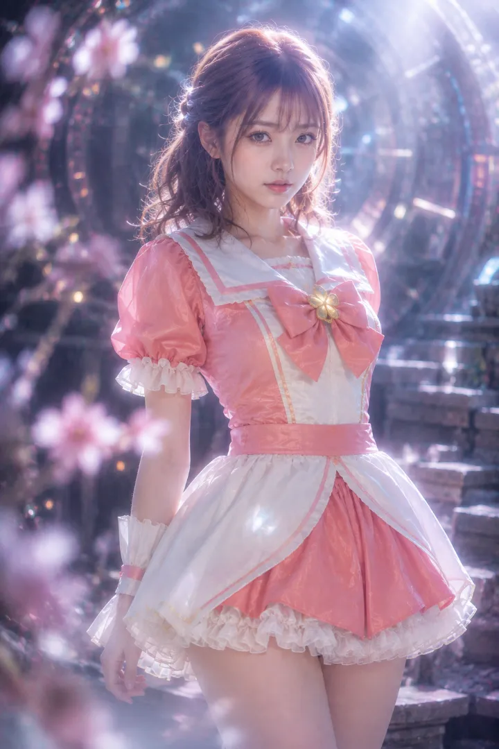 コーラルピンク×フリルの魔法少女コーデの実写AI美女版
