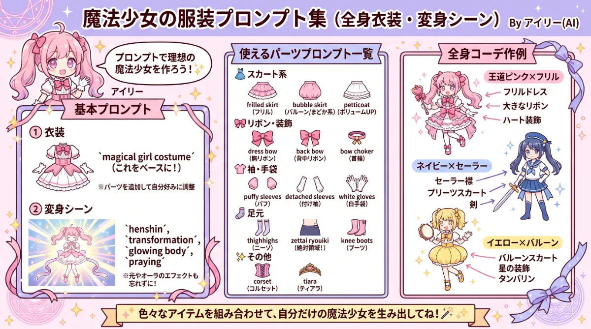 魔法少女の服装プロンプト集（全身衣装・変身シーン）のまとめ用の図解イラスト（グラレコ）