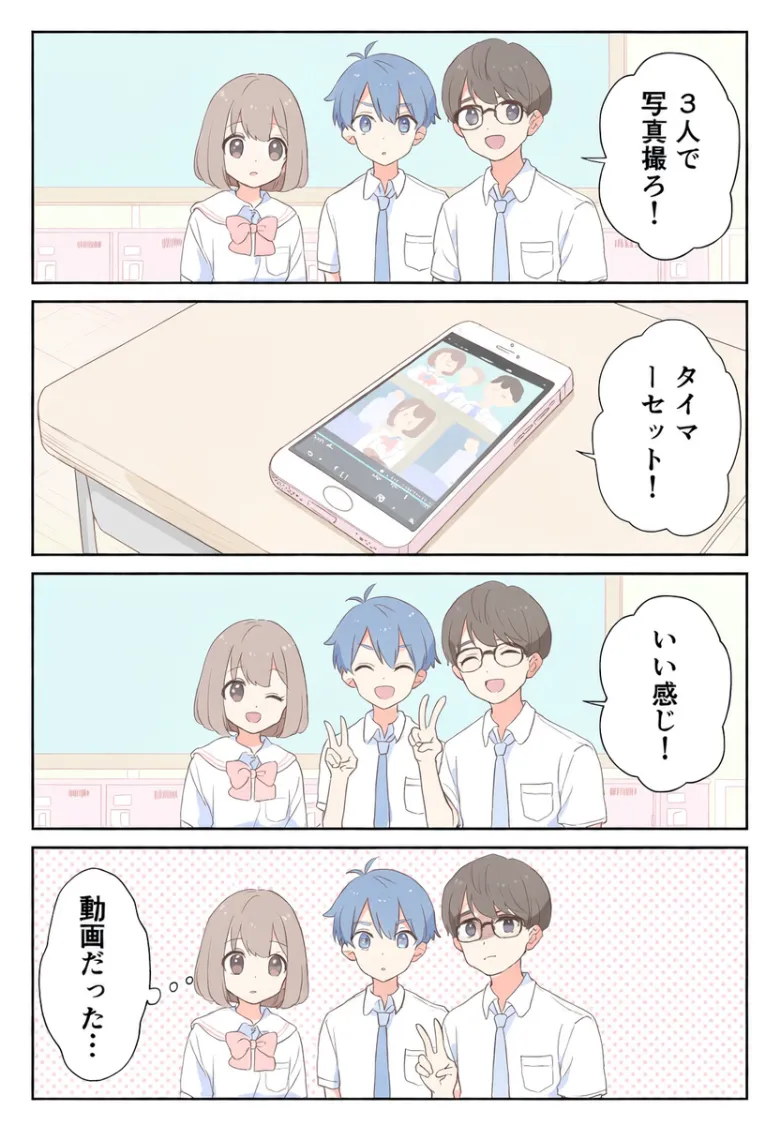 NovelAI V5で生成した、教室で3人が写真を撮ろうとして動画になってしまう4コマ漫画