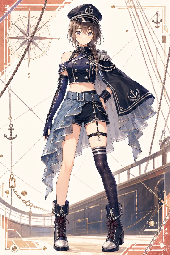 AIイラスト版｜ネイビーの士官風ダブルジャケットとショーツ、非対称オーバースカートのマリンルック