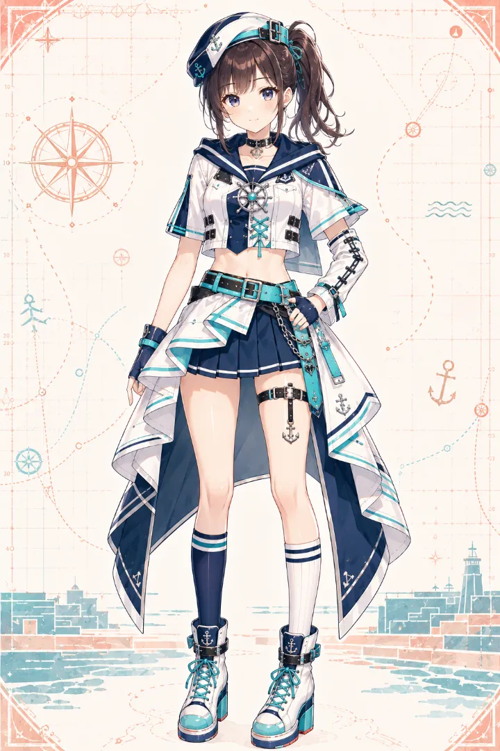 AIイラスト版｜白いクロップドジャケットとセーラーフード、角型オーバースカートを組み合わせたマリンルック