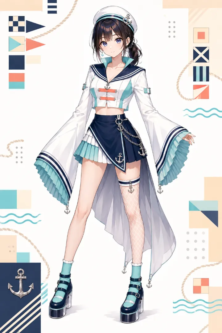 AIイラスト版｜白いクロップドジャケットとロングベルスリーブ、非対称ネイビースコートのマリンルック