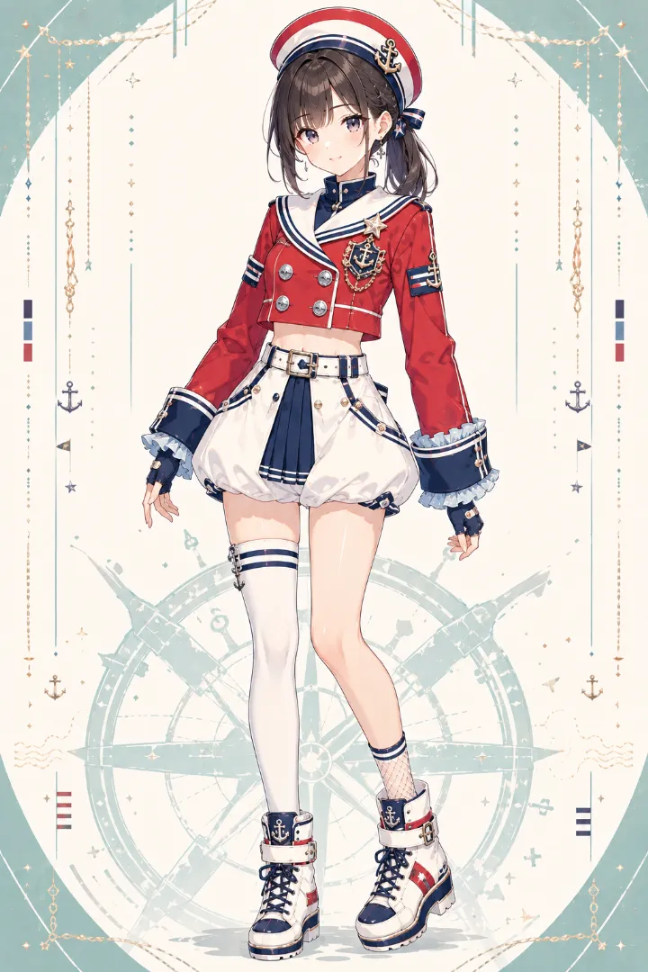 AIイラスト版｜鮮やかな赤のダブルジャケットと白いバルーンショーツを合わせた海軍風マリンルック
