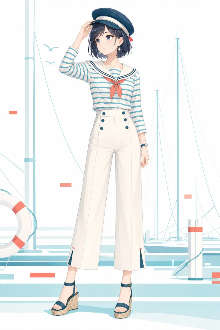 AIイラスト版｜白×アクアのボーダーニットとセーラーカラー、アイボリーのワイドパンツを合わせたマリンルック