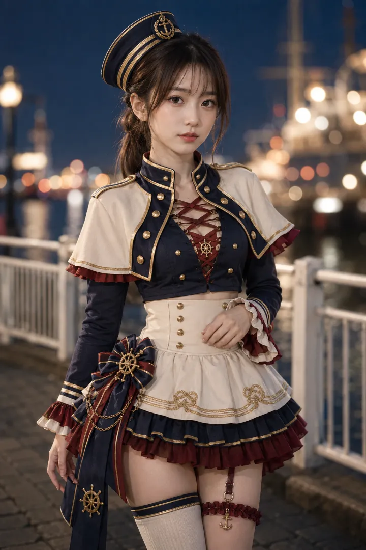 実写AI美女版｜アイボリーのケープとネイビーのダブルジャケット、3層ミニスカートを合わせた海軍調マリンルック
