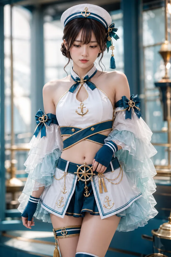 実写AI美女版｜白と青緑のホルターボディスに大型フリル袖と帆型ミニスカートを合わせたマリンルック