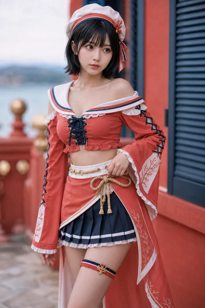 実写AI美女版｜コーラルのオフショルダーブラウスと斜めラップスカート、ロングテールのマリンルック