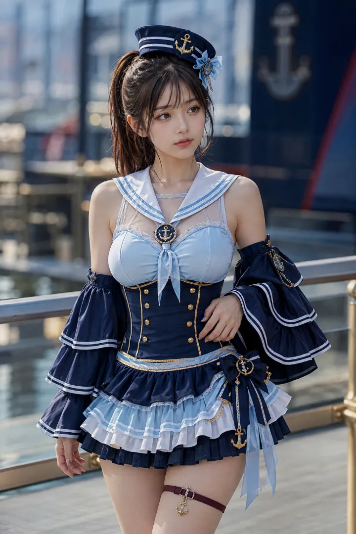 実写AI美女版｜淡いブルーのボディスに大型ベルスリーブと多層フリルミニを合わせたネイビーマリンルック