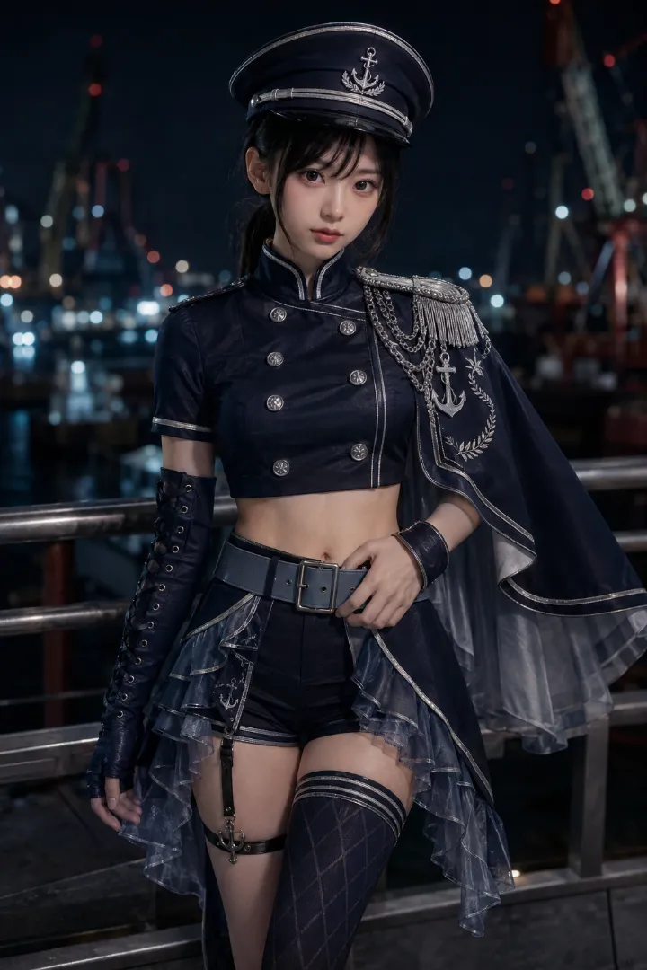 実写AI美女版｜ネイビーの士官風ダブルジャケットとショーツ、非対称オーバースカートのマリンルック