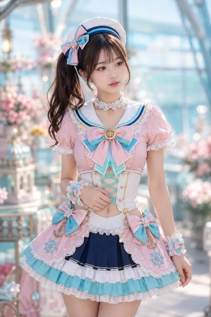 実写AI美女版｜ピンクのクロップドブラウスと白いセーラーカラー、多層ミニスカートのガーリーマリンルック